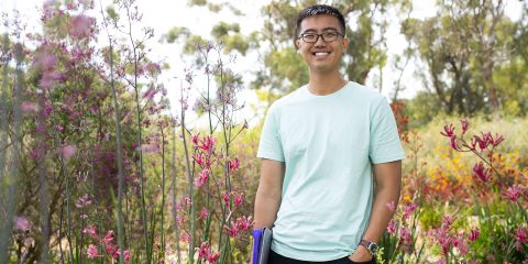 A Chinese male student, standing in kangaroo paw plants, looking at camera and smiling