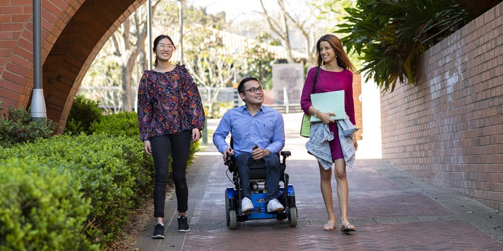 Two female students and a male student in wheelchair