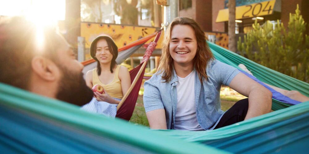 Students in hammocks at Curtin Perth campus - play video