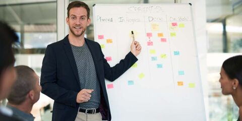 Male leading a business meeting pointing to a whiteboard with post-its